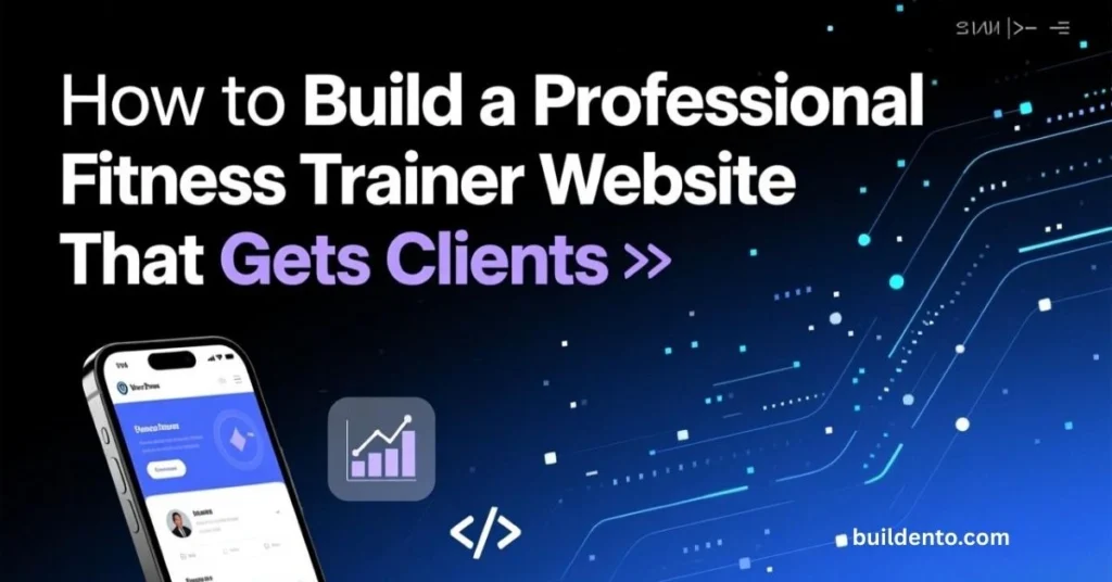 Create a professional WordPress blog featured image. IMPORTANT: All text in the image must be in ENGLISH ONLY. Do NOT use Chinese characters. Image size: 1200 × 628 pixels. Style: modern, minimal, tech/business, clean and premium. Background: simple gradient or abstract tech background, no clutter. Add minimal, relevant tech icons or illustrations (AI, websites, tools, digital elements). Insert a short visual headline (How to Build a Professional Fitness Trainer Website That Gets Clients ) in bold, modern sans-serif font. Highlight one main keyword using stronger weight or a brighter color. Use high contrast colors so the text is readable on mobile. Do NOT add people, stock photos, logos, or watermarks. At the bottom-right corner, add small English text: buildento.com Keep branding subtle and professional. How to Build a Professional Fitness Trainer Website That Gets Clients
