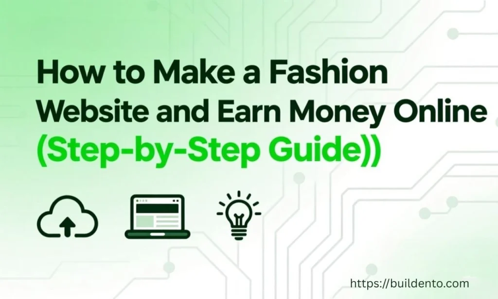 Create a professional WordPress blog featured image. IMPORTANT: All text in the image must be in ENGLISH ONLY. Do NOT use Chinese characters. Image size: 1200 × 628 pixels. Style: modern, minimal, tech/business, clean and premium. Background: simple gradient or abstract tech background, no clutter. Add minimal, relevant tech icons or illustrations (AI, websites, tools, digital elements). Insert a short visual headline (How to Make a Fashion Website and Earn Money Online (Step-by-Step Guide)) in bold, modern sans-serif font. Highlight one main keyword using stronger weight or a brighter color. Use high contrast colors so the text is readable on mobile. Do NOT add people, stock photos, logos, or watermarks. At the bottom-right corner, add small English text: buildento.com How to Make a Fashion Website and Earn Money Online (Step-by-Step Guide)